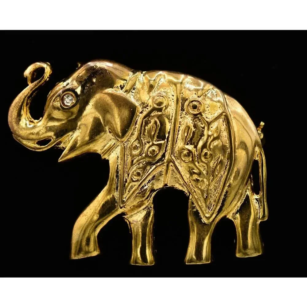 Vintage Elephant Pin Brooch Gold Rhinestone Antiqued Gold Tone Chunky 1980s 9B